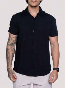 Linen Shirt Short Sleeve Formal Summer Fresh Italian Collar Elegant In Visco-Linen - Black - View 3