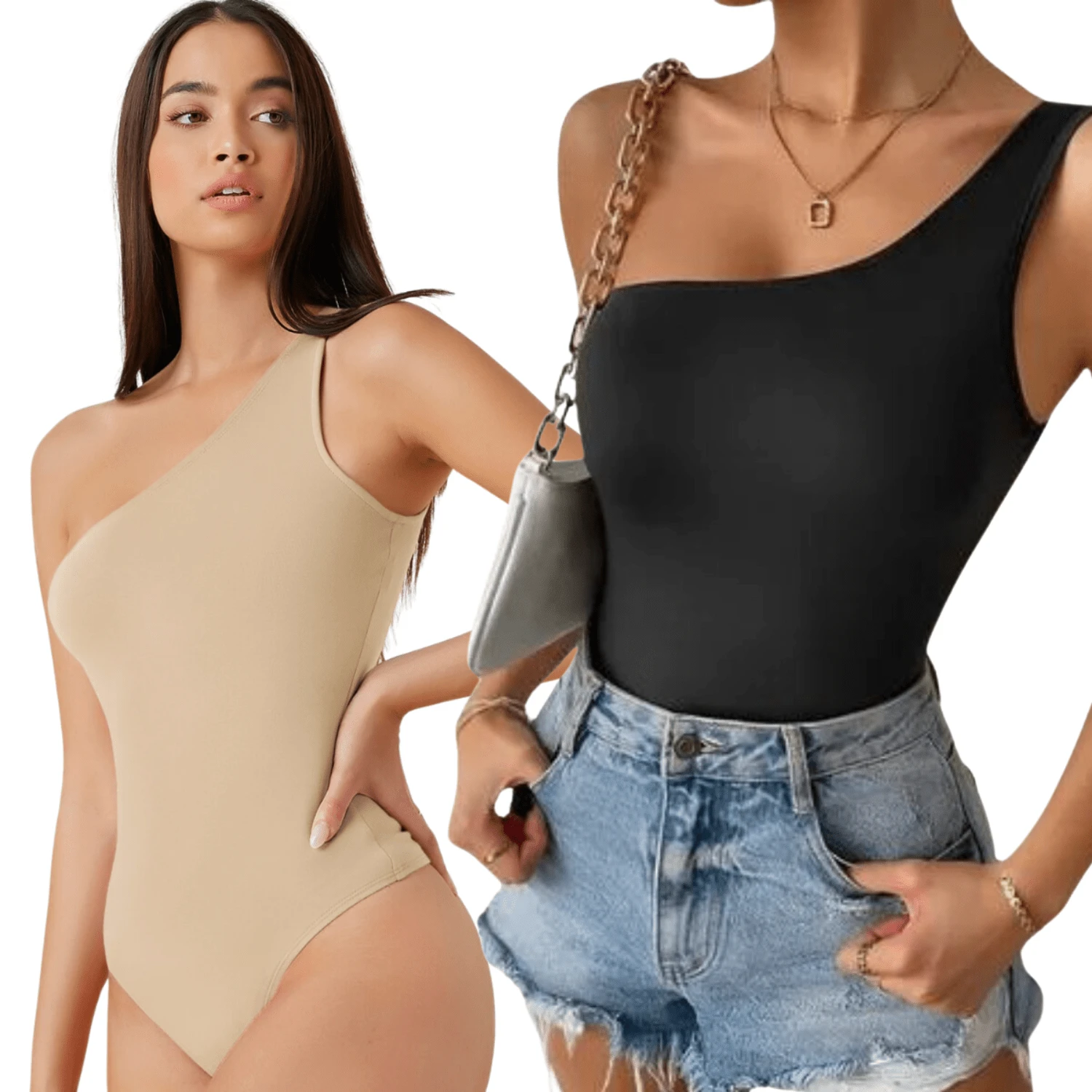 KIT 2 Women's Suplex Mula Manca Bodysuit With Lining Thin Strap One Shoulder - HITAM DAN BEIGE - View 1