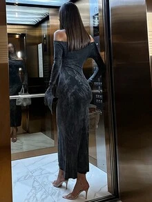 街头风格露肩修身长袖连衣裙 - 黑色 - 查看 2