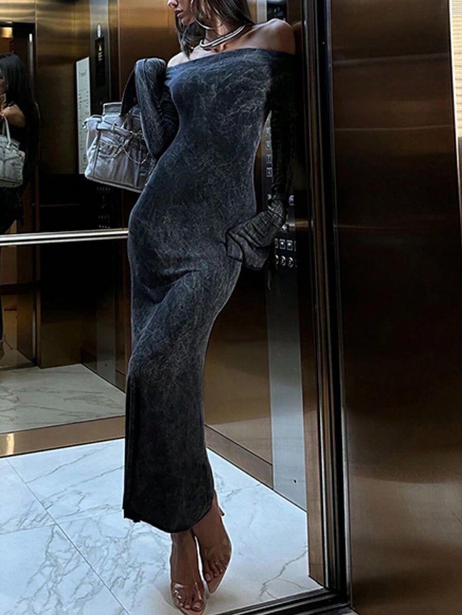 街头风格露肩修身长袖连衣裙 - 黑色 - 查看 1