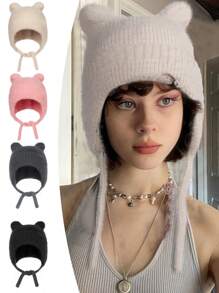 1 件女士可爱猫耳毛茸茸护耳针织帽，温暖时尚，适合日常佩戴 - 繫繩款貓咪耳帽 - 查看 8