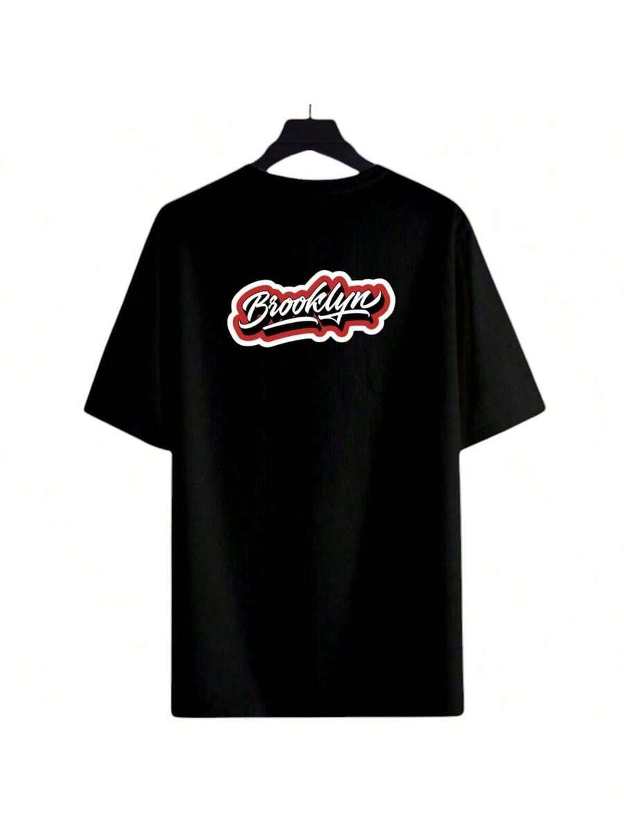 Women's Basic Black Printed T-Shirt With Brooklyn Print Red White - 黑色 - 查看 1