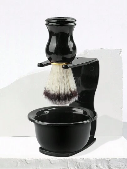 1Set Black Plastic Shaving Lather Bowl & Brush Kit, Barber Men Hair Oil Beard Shaving Brush Holder Stand, Home Facial Grooming Foaming Brush Tool