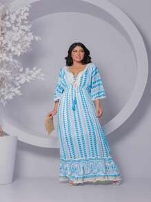 Boho Long Dress With Lurex Detail - 藍色 - 查看 1