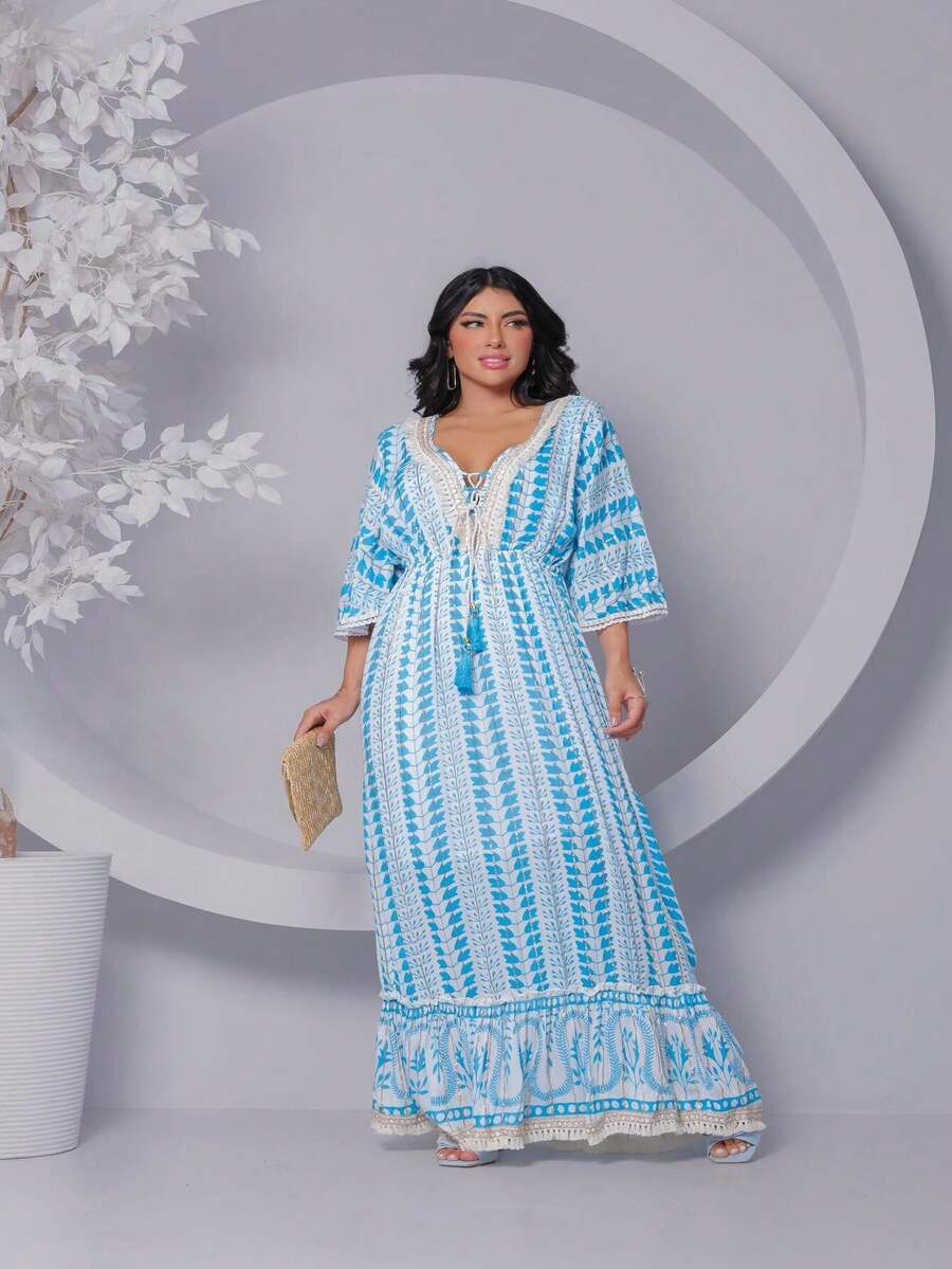 Boho Long Dress With Lurex Detail - 藍色 - 查看 1