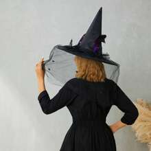 Women Halloween Witch Hat, Vintage Feather Flower Hat With Veil For Cosplay Festival Party - 黑色 - 查看 2
