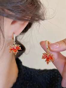1 套/4 件时尚复古红枫叶首饰套装：耳环和项链、戒指 - 合成红宝石、合金、铜耳环 - 适合日常佩戴或作为礼物 - 适合所有季节 - 彩色 - 查看 3