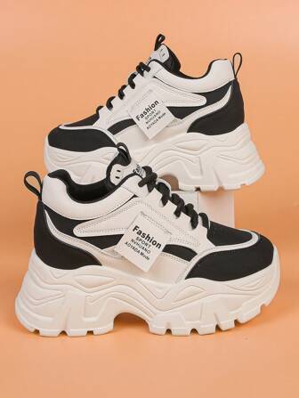 Fall/Winter Women's Platform Casual Sports Sneakers, Colorblock Fashion Chunky Sneakers, Comfortable Non-Slip Lace-Up Matching Shoes, Elevator Shoes For Petite