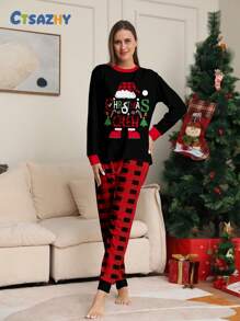 2pcs Women Christmas Pajama Set - Long Sleeve Top Printed With Santa Hat, Shoes, Letter Pattern And Plaid Pants