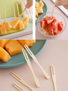 100 chiếc nĩa tre dùng để khai vị, nĩa tre dùng một lần để ăn hoa quả, nĩa xiên trái cây, nĩa xiên cocktail, nĩa bánh ngọt, nĩa bánh ngọt và tráng miệng gia dụng, nĩa khai vị, đồ dùng tiệc cưới, xiên tre độc lập, nhà bếp, khuyến mại Giáng sinh - Màu vàng - Xem 8