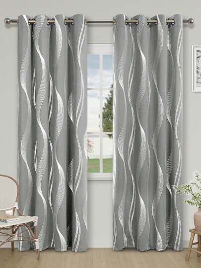 1pc Silver Pressed Wave Design Decorative Curtain, Energy Saving & Uv Protection, Suitable For Living Room, Bedroom