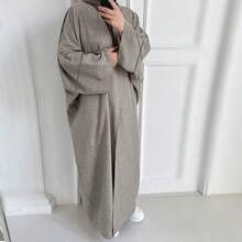 1 件女式穆斯林阿拉伯民族服装，纯色经典朴素时尚休闲优雅长袍，柔软透气的面料适合日常生活、节日、聚会、祈祷和朝圣 - 蒟蒻色 - 查看 2