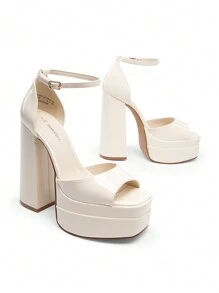 New Arrival Women Fashion Ankle Strap Platform Chunky Heeled Sandals, Sexy Peep Toe Ultra High Heel Sandals For Festival Party, Nightclub Date - 米色 - 查看 2