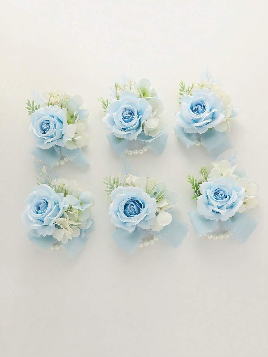 6 件装蓝玫瑰花配人造绿植，浪漫珍珠链腕花，适合婚礼装饰、庆典、周年纪念 - A - 查看 1