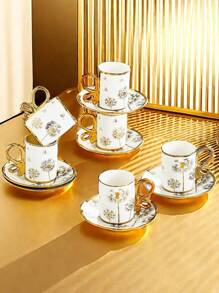 6 件套卡布奇诺咖啡杯碟、带金边碟子的陶瓷咖啡杯、土耳其咖啡杯、6 件套浓缩咖啡杯碟 - 彩色 - 查看 1