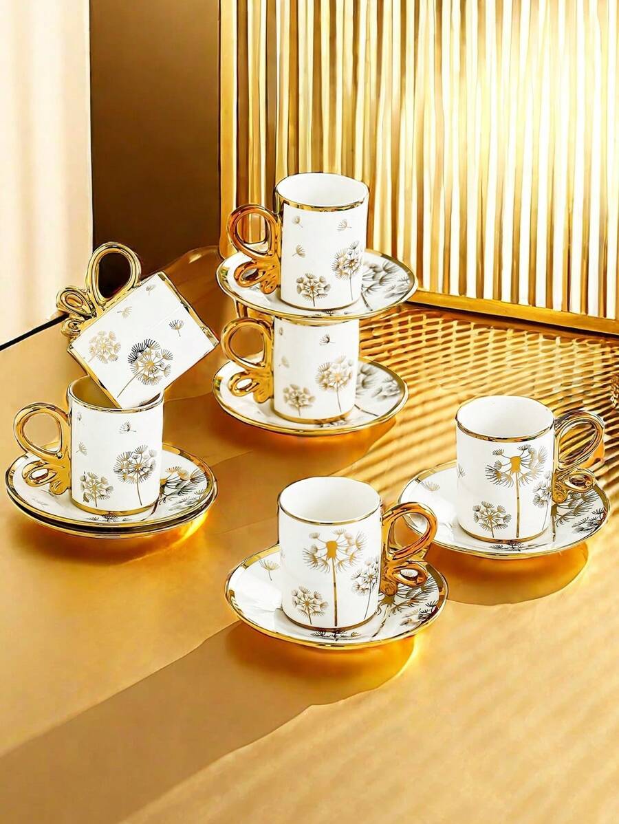 6 件套卡布奇诺咖啡杯碟、带金边碟子的陶瓷咖啡杯、土耳其咖啡杯、6 件套浓缩咖啡杯碟 - 彩色 - 查看 1