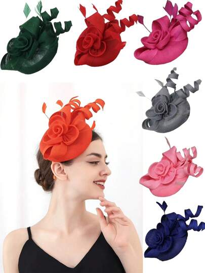1 pieza Tocado de estilo palaciego elegante de poliéster con rosa de plumas en estilo bohemio, para fiestas, festivales, bodas, San Valentín, sombreros pequeños, sombreros de Derby, tocados, mini sombreros, mini gorras, accesorios para el cabello, regalos