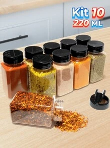 10 Porta Tempero 220ml de Plástico Tampa Dosadora Dupla Reforçada para Especiarias Parrilha Sal Grosso Pimenta Temperos Organiza Cozinha Dispensa Armário + Etiquetas