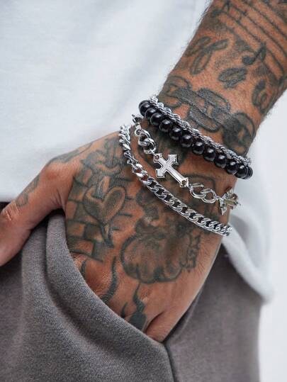 Conjunto de 3/4/8 peças de pulseira masculina de aço inoxidável com cruz e zircônia cúbica, estilo punk empresarial unissex para deslocamento, campus, streetwear, traje casual