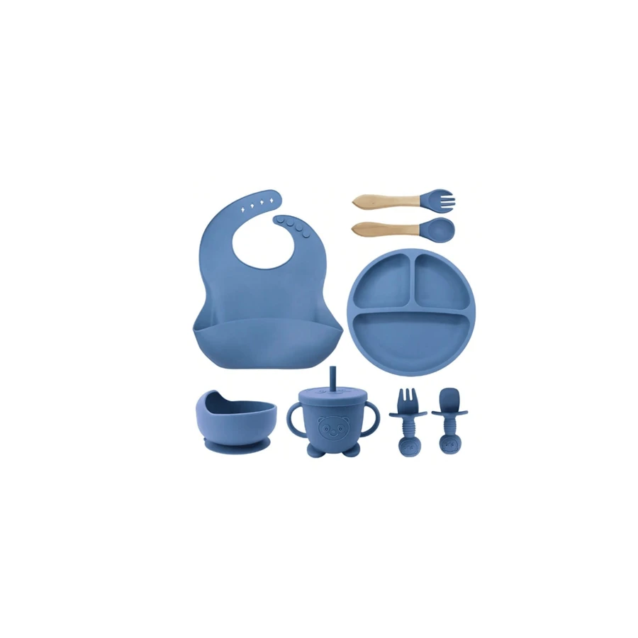 Children's Tableware Set Baby Food Supplement Feeding Training Silicone Cutlery 8pcs/6pcs Set Baby Suction Bowl Mother And Baby Supplies - 藏蓝色 - 查看 1