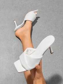 Women Stiletto Heeled Mule Sandals Elegant Square Open Toe Heels For Dating Party Daily Wearing - 白色 - 查看 5