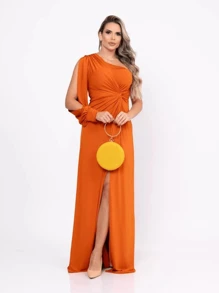 Long Dress With Sleeves For Bridesmaid Wedding Graduation Light Party - 亮橙色 - 查看 1
