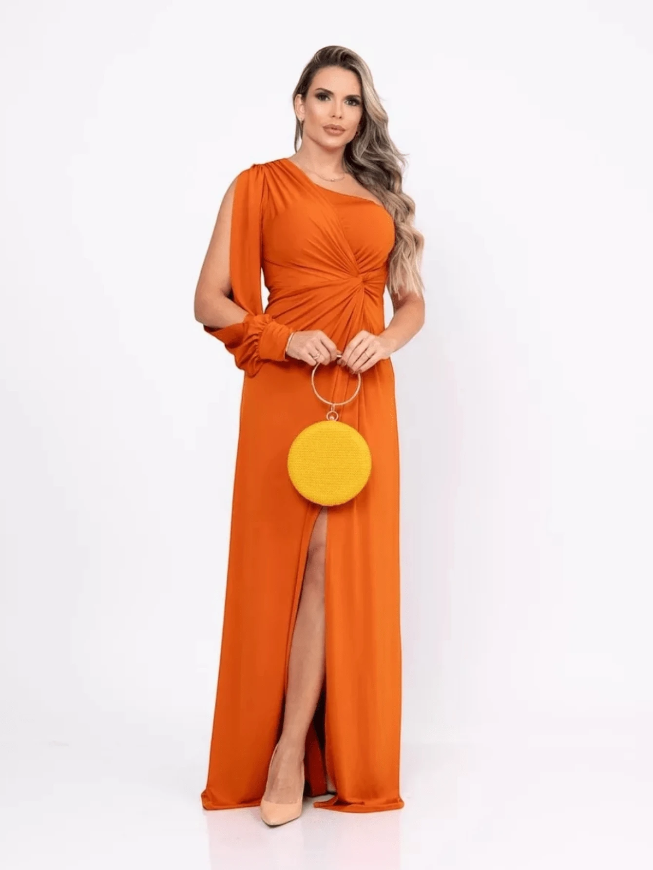 Long Dress With Sleeves For Bridesmaid Wedding Graduation Light Party - 亮橙色 - 查看 1