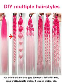1 bộ tóc giả bện màu đỏ và xanh Ombre dài 28 inch (khoảng 70cm), phụ kiện tóc dự tiệc/lễ hội, kiểu tóc nàng tiên cá nhiều màu chuyển sắc - Màu hồng ombre - Xem 8