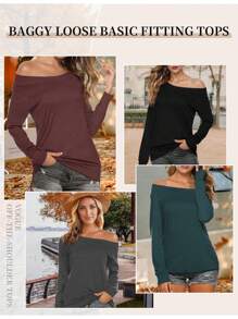 Solid Color Women's Off-Shoulder Long Sleeve Top, Boat Neck Fall And Winter Shirt, Slim-Fit Loose Casual Plus Size Blouse, Sexy Off-Shoulder Loose-Fit Top - 黑色 - 查看 6