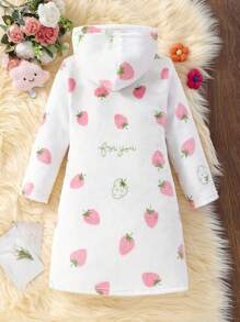 1 件女童可爱甜美精致休闲舒适草莓印花抽绳连帽蓬松长袖睡袍睡衣外套，春秋冬 - 白色 - 查看 2