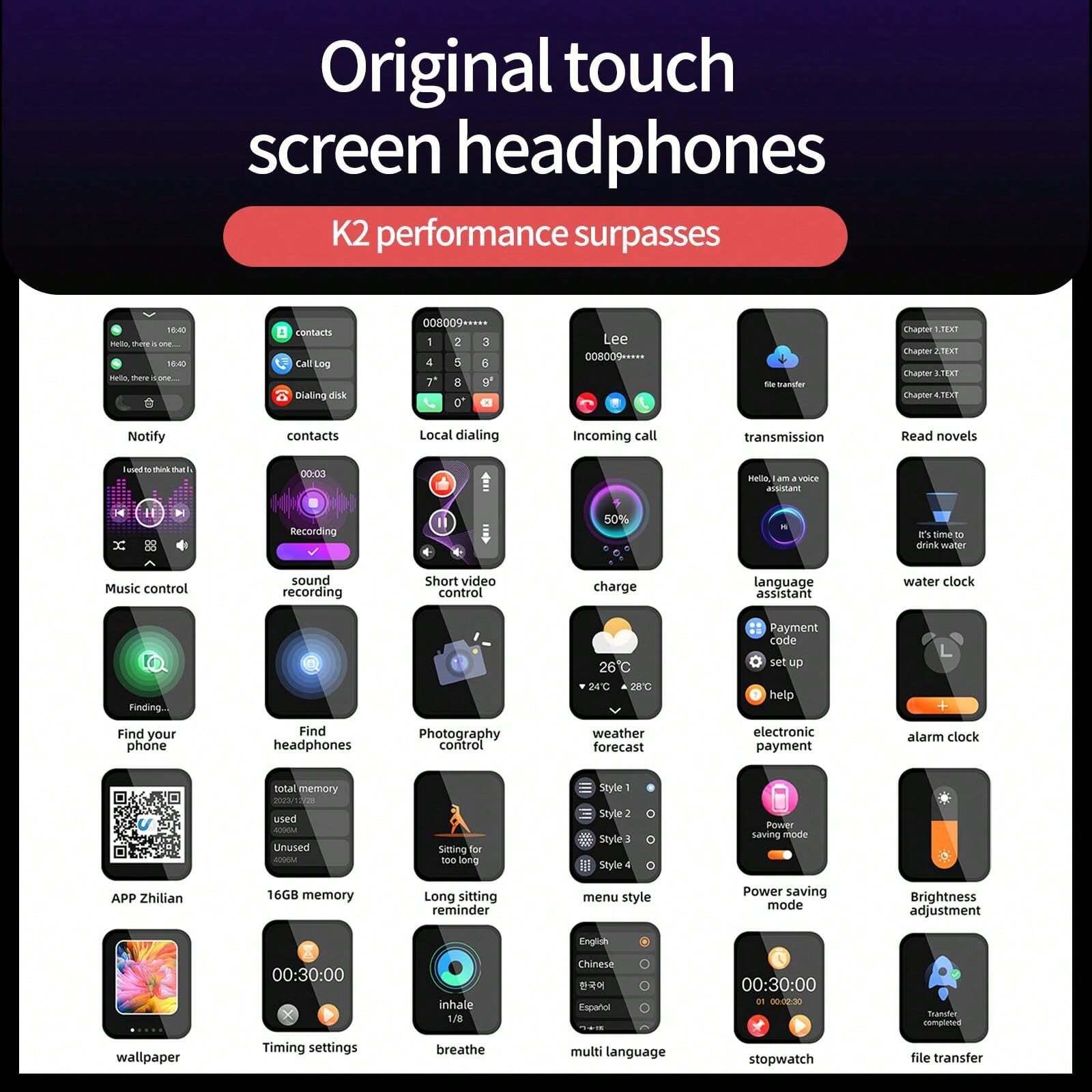 Multifunctional Wireless Headset, LED FullColor Touch Screen Wireless