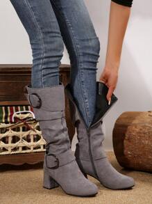 Bốt cao đến đầu gối, khóa cài xếp ly, gót nhọn, khóa kéo bên hông, phong cách Âu Mỹ, thu/đông 2025 dành cho nữ cỡ lớn - Xám - Xem 8