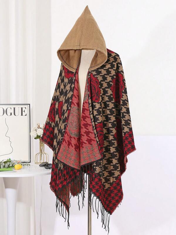 1pc Rose Hooded Tassel Poncho, Casual Everyday Wear