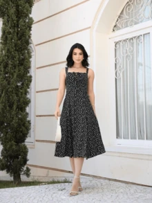 Women's Floral Dress With Slit Summer  2025 - 黑色 - 查看 3