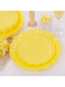 Bộ 24 đĩa nhựa màu vàng có thể tái sử dụng, đĩa ăn tối không vỡ, đĩa đựng salad, an toàn với lò vi sóng và máy rửa chén, bộ đĩa hoàn hảo cho các bữa tiệc, sinh nhật, dã ngoại (12 khách), tiệc Halloween hoặc Giáng sinh - Màu vàng - Xem 6