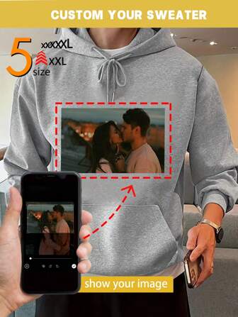 Custom Graphic Print Pocket Decorated Long Sleeve Hooded Funny Sweatshirt For Plus Size Men