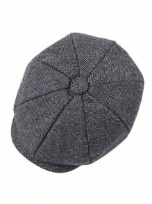 1顶男士报童帽，经典人字纹粗羊毛平顶帽，时尚，常春藤联盟爱尔兰驾车帽 - 黑色 - 查看 5
