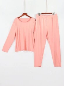 Set de 2 bucăți pentru femei, mărime mare, călduroasă, confortabilă, cu mânecă lungă, top cu gât și pantaloni de jogger, set de pijamale, îmbrăcat și slăbit, roz drăguț, îmbrăcăminte confortabilă pentru toamnă/iarnă - Roz - Vizualizare 9