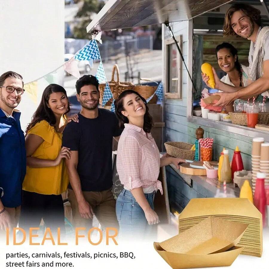 30pcs Kraft Paper Food Trays, HeavyDuty Paper Food Boat Disposable