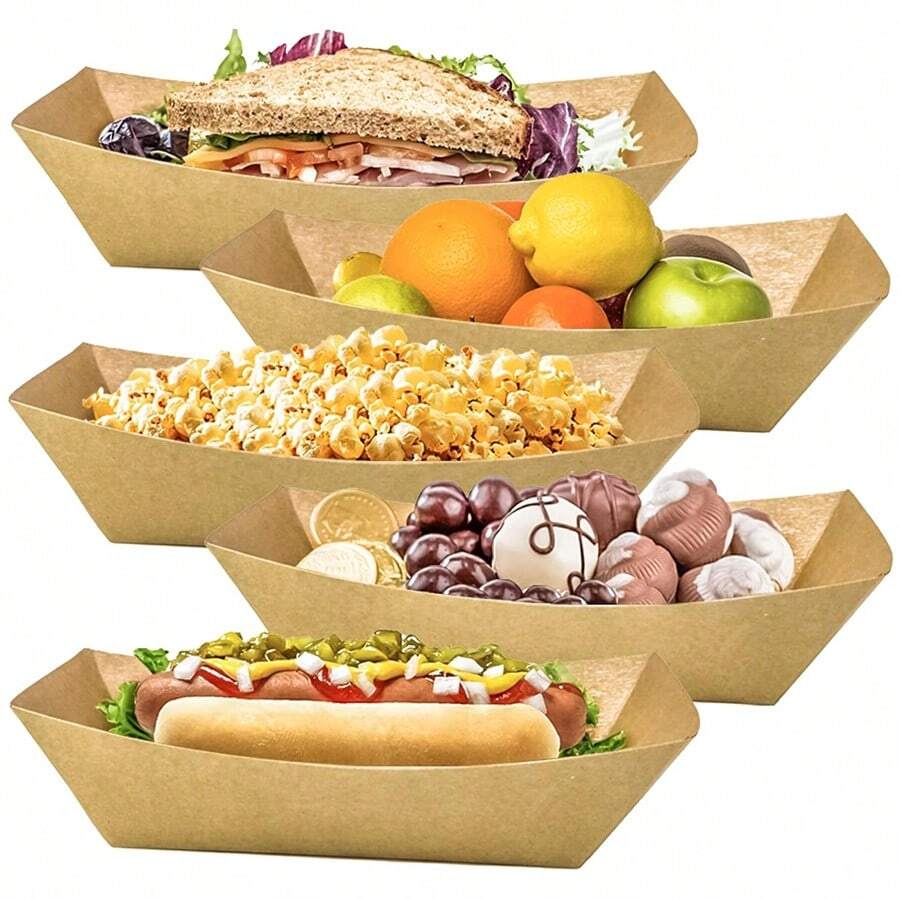 30pcs Kraft Paper Food Trays, HeavyDuty Paper Food Boat Disposable