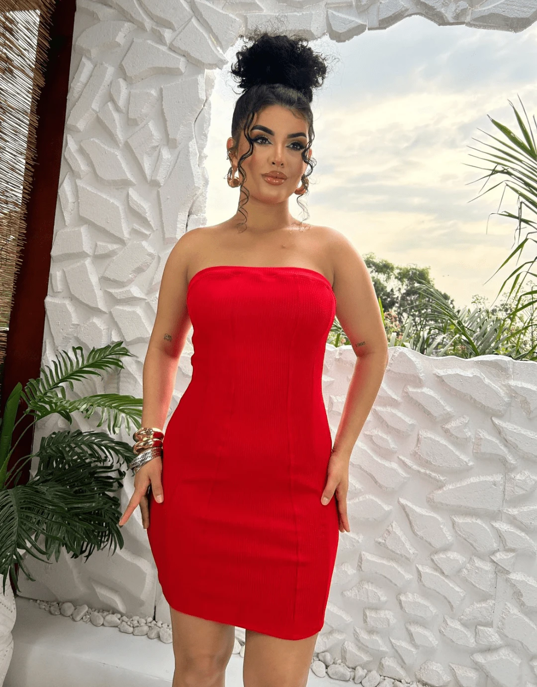 Short Strapless Ribbed Casual Dress With Back Zipper Summer NEW - 紅色 - 查看 1