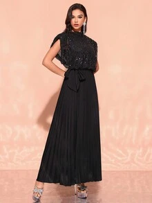 女士亮片拼接优雅礼服裙、派对礼服、婚礼宾客礼服、晚礼服 - 黑色 - 查看 4