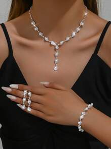 1 Set Fashionable Minimalist Wedding Jewelry Faux Pearl & Diamante Necklace, Earrings, Bracelet Suit For Women Wedding Party