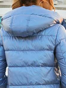 ZIAI 长袖连帽加厚外套，带口袋，亮面霓虹纯色，冬季 - 藍色 - 查看 11