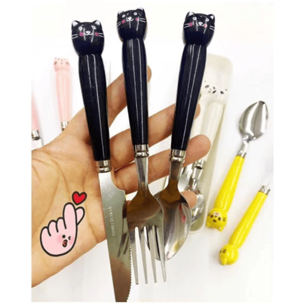 Children's And Adult's Cutlery Set 3pcs Assorted Animals For Travel Durable Portable Lunch Box With Case Children's Cutlery Set Kit Kids Spoon Fork - 黑色 - 查看 1