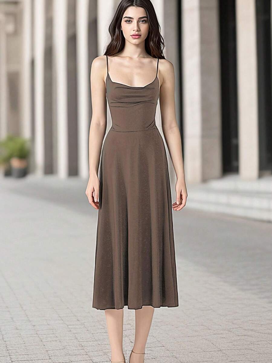 女士纯色连帽系腰细肩带夏季连衣裙 - 摩卡棕 - 查看 1