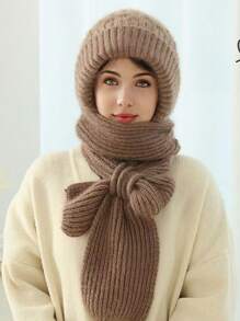 1 buc. Căciulă de eșarfă din tricot, solidă și groasă, pentru femei, pălărie multifuncțională 2 în 1, rezistentă la vânt și la frig, încălzitor pentru urechi și gât, potrivit pentru ieșirile zilnice ale femeilor și activitățile în aer liber pe vreme rece