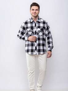 Men's Plaid Shirt Long Sleeve Winter - 黑色 - 查看 2