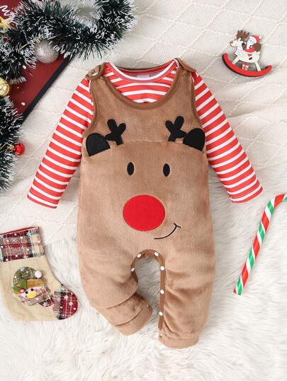2件套男婴圣诞条纹长袖连体衣和驯鹿装饰背带裤两件套，秋冬款