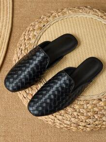 2025 秋季女士平底编织方头一脚蹬穆勒拖鞋，黑色 - 黑色 - 查看 4
